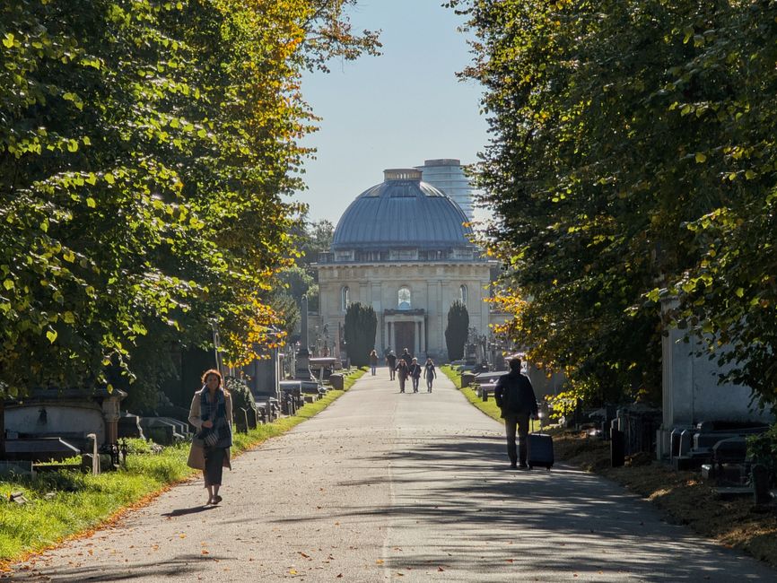 A narrow pedestrian pathway within Brompton Cemetery is shown, lined with trees casting dappled shade on the ground. To the left of the path, several tombstones and memorial stones of varying shapes a